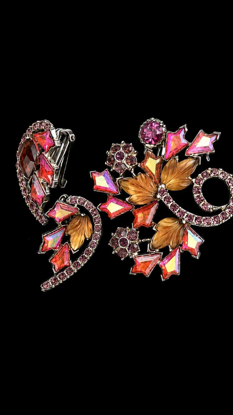 Vtg Beau Jewels Rhinestone Brooch Clip Earrings Demi Parure Set Pink Orange